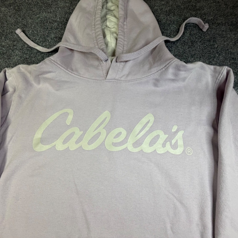 Cabelas Womens Hoodie Large Lavender Purple Script Logo Pullover Sweatshirt L